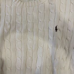 Ralph Lauren Women’s Cream White Cable-Knit Crewneck Sweater w/ Dark Brown Pony